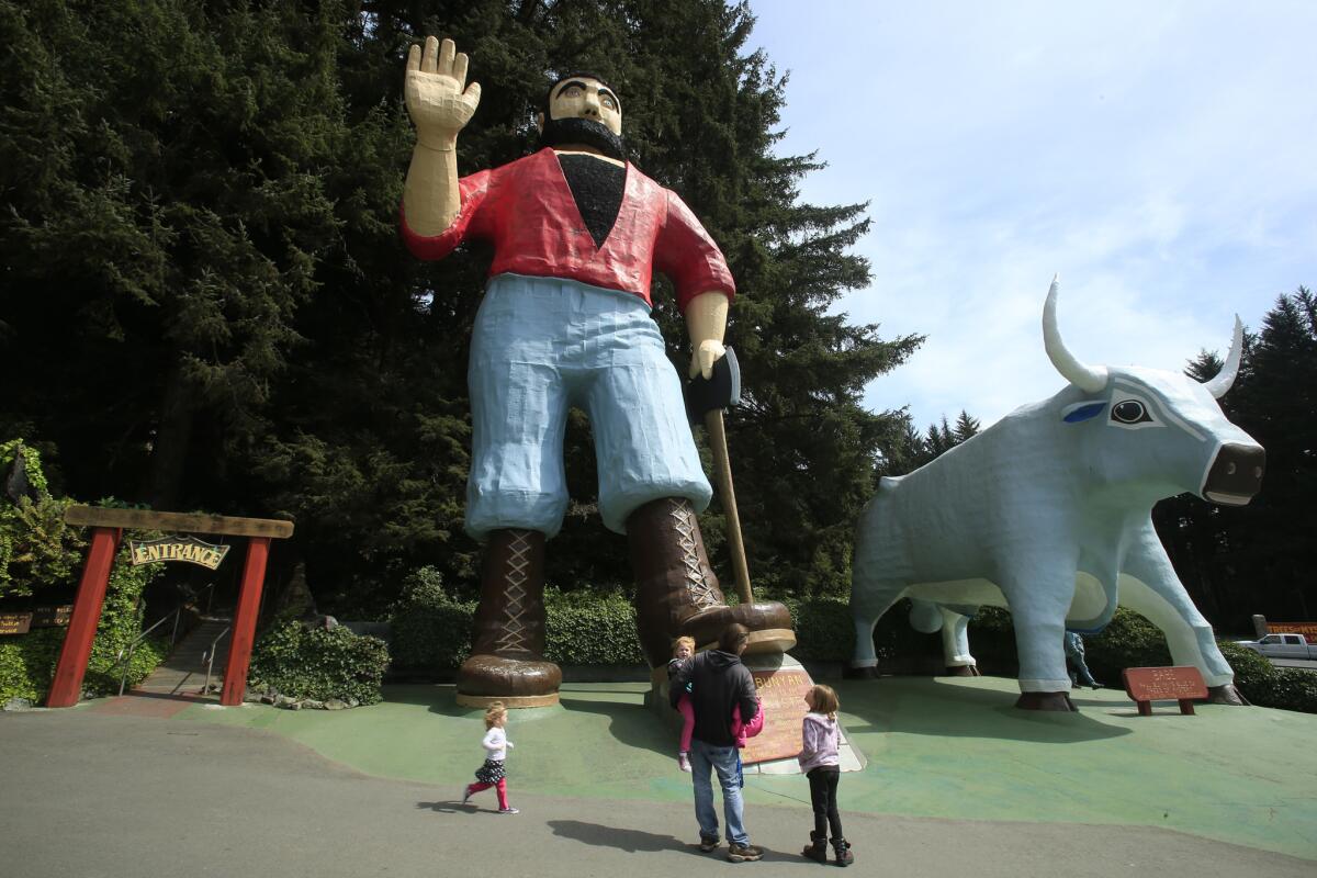 A giant, talking Paul Bunyan statue and his famous blue ox, "Babe"is a perfect photo opportunity at the Trees of Mystery attraction off Hwy 101 in Klamath, Calif.