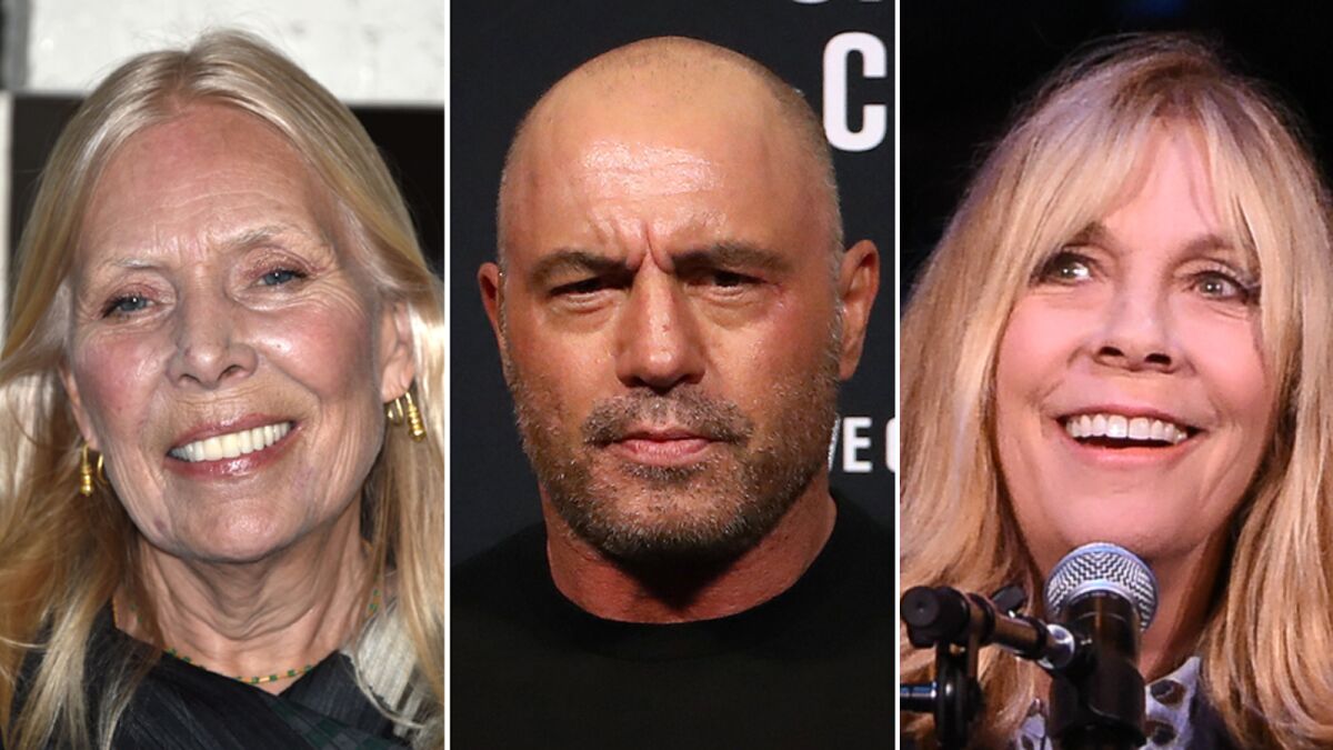 Separate photos of Joni Mitchell, left, Joe Rogan and Rickie Lee Jones.