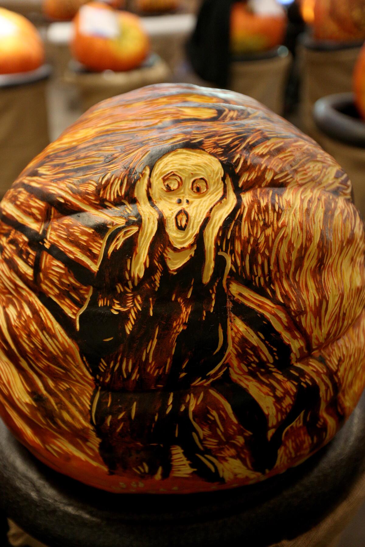 Famous artwork, like Edvard Munch's "The Scream" has been duplicated on 75 behemoth pumpkins being featured in Descanso Gardens' Halloween-themed show "Carved," from Oct. 23 to 27.