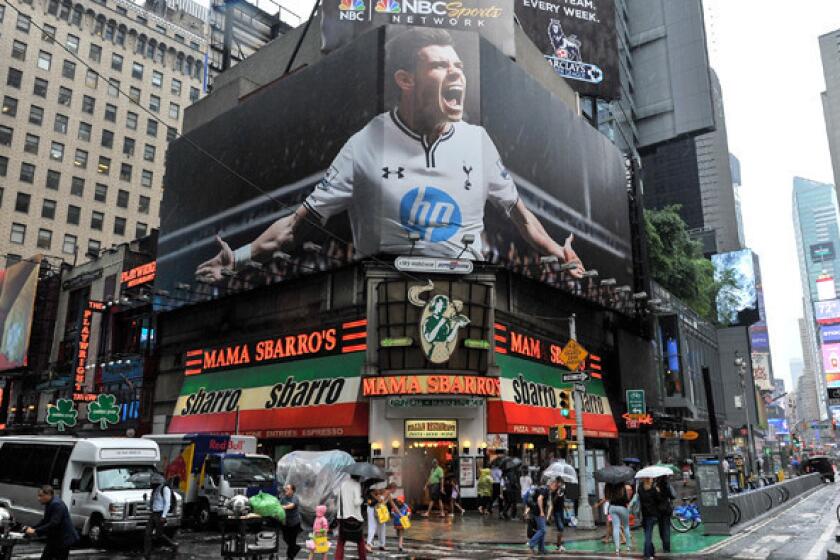 NBC Sports network has been promoting their upcoming coverage of English Premier League soccer on a billboard in Times Square.