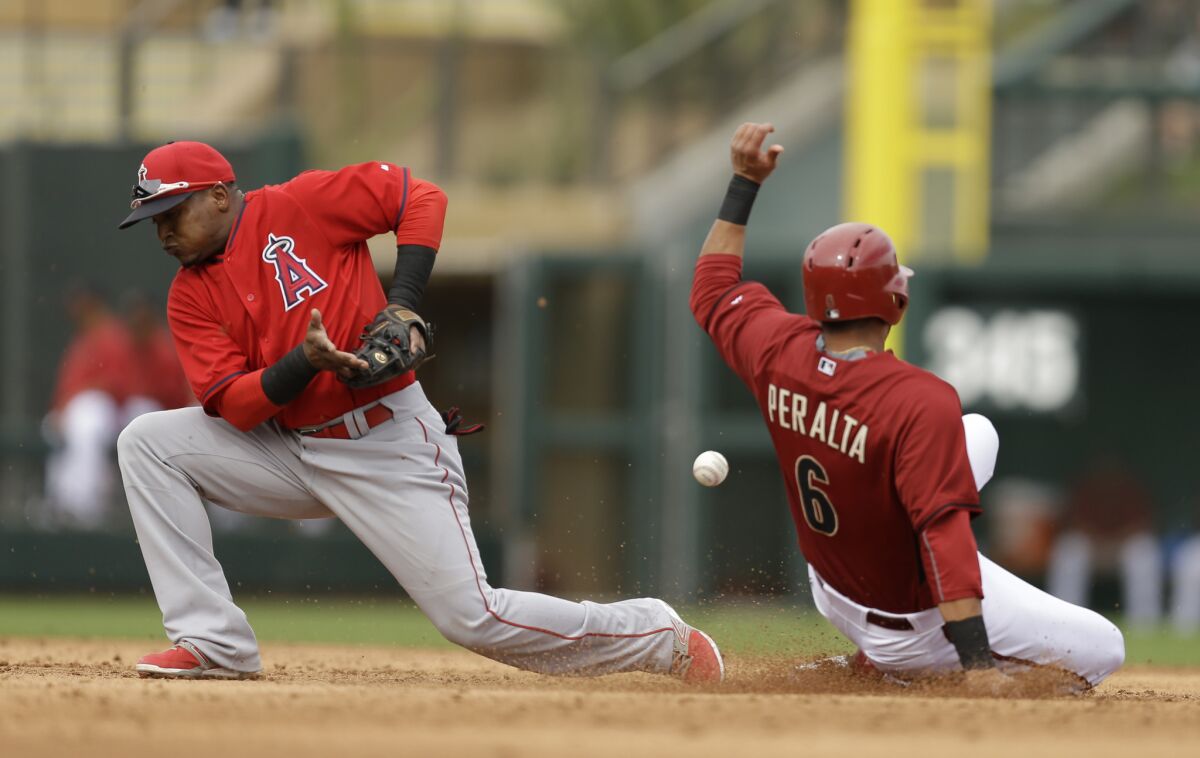 Diamondbacks outfielder David Peralta steals second base behind Angels shortstop Erick Aybar in the third inning of a game March 11.