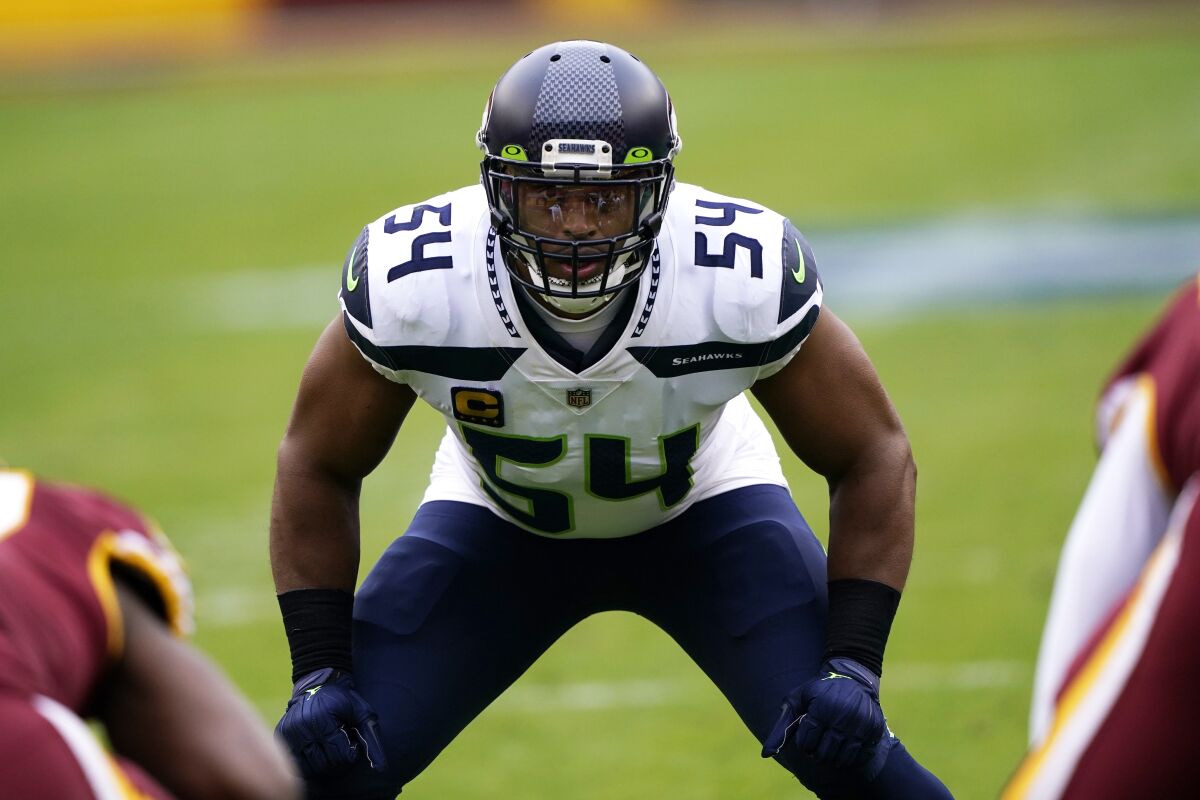 Seattle Seahawks middle linebacker Bobby Wagner gets in a defensive stance.