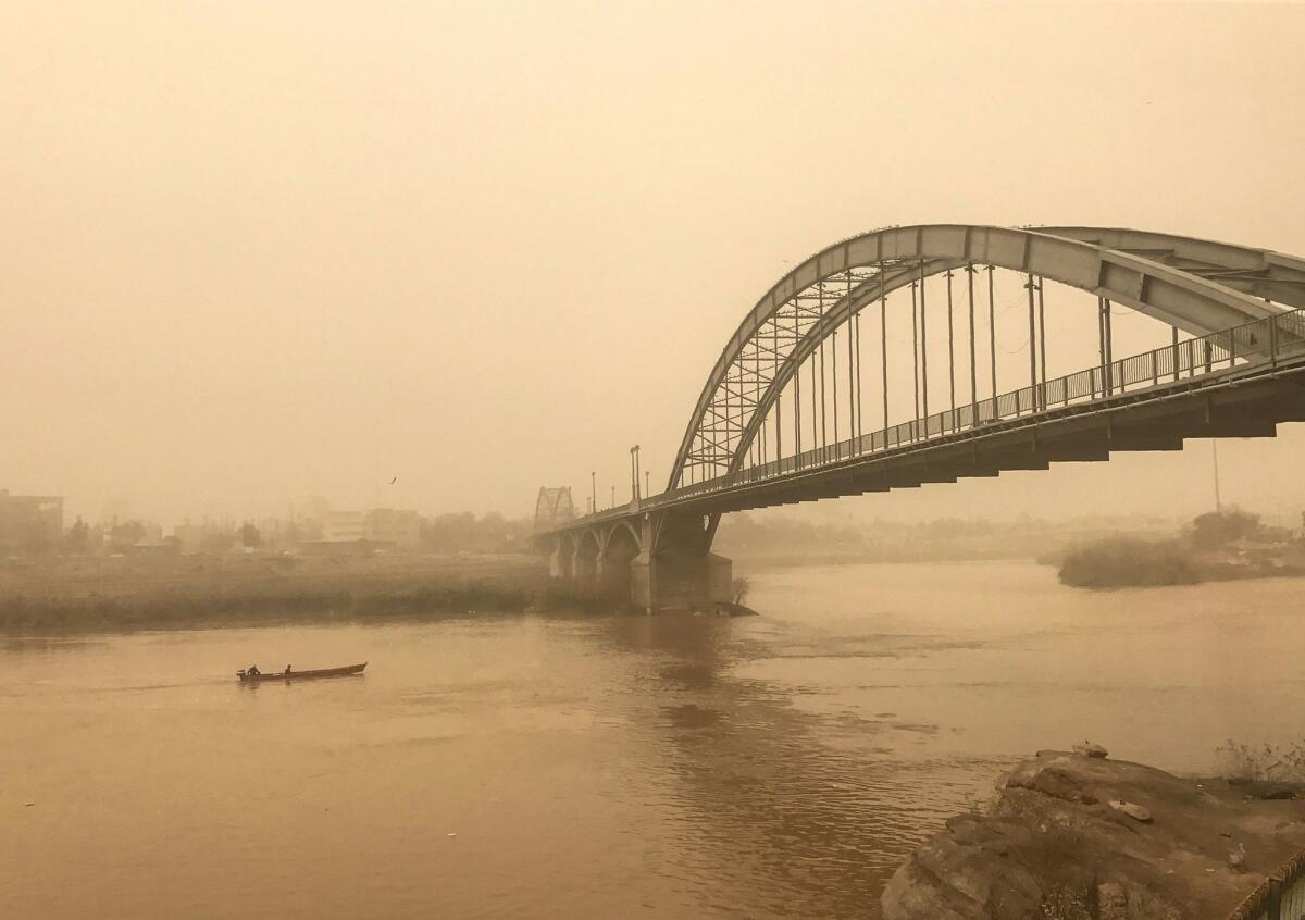 A bridge in the Iranian city of Ahvaz is shown during a sandstorm on Feb. 18.