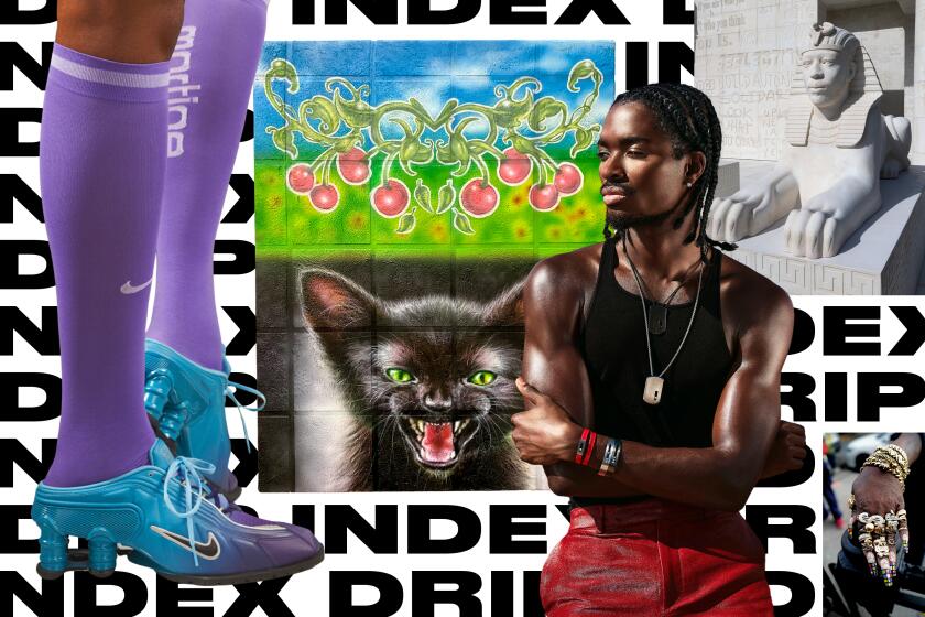 Collage featuring different art and fashion photos over a pattern of the words "Drip Index"