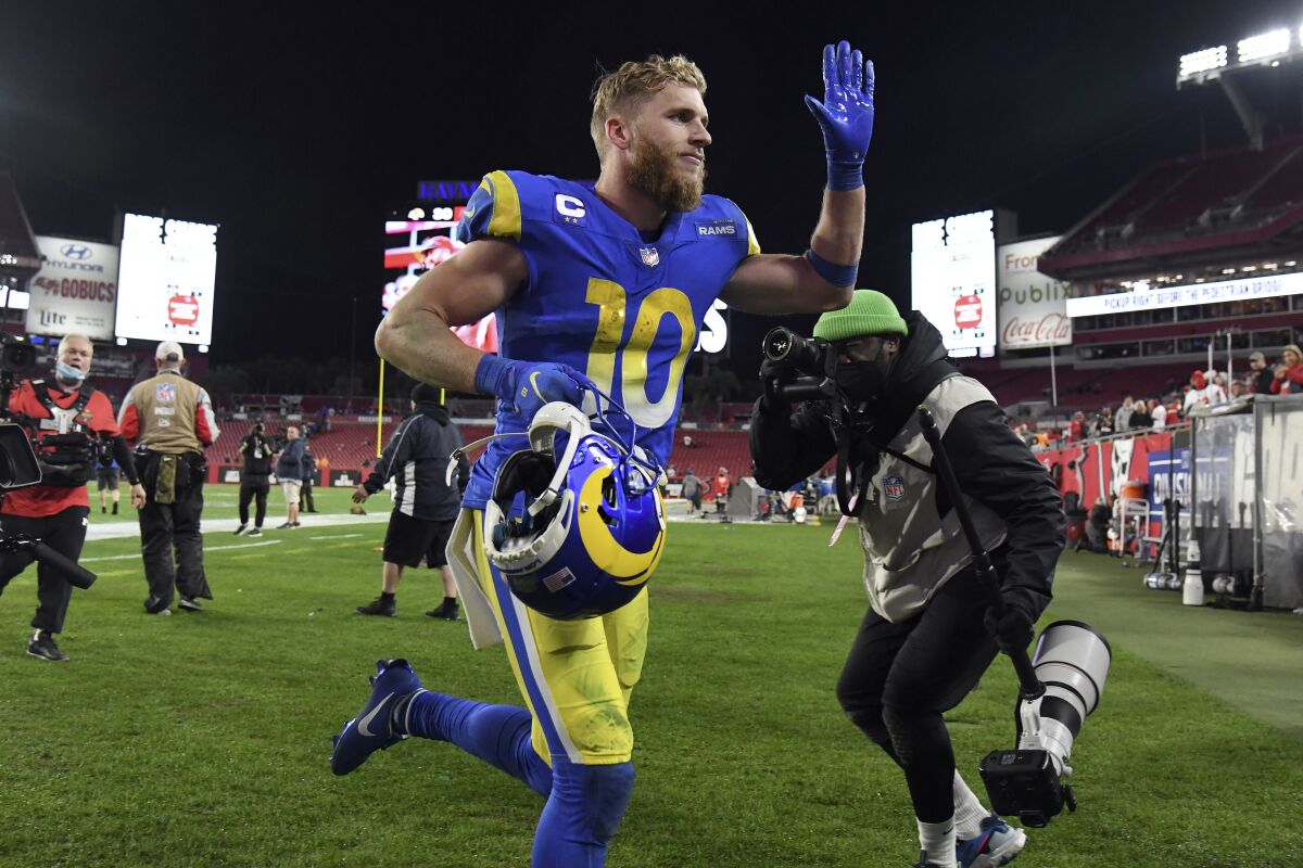 Rams wide receiver Cooper Kupp runs off the field after a playoff win over the Tampa Bay Buccaneers on Jan. 23.