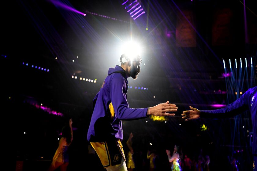 LOS ANGELES, CALIFORNIA JANUARY 13, 2020-Lakers JaVale McGee is introduced before a game with the Cavaliers at the Staples Center Monday. (Wally Skalij/Los Angeles Times)