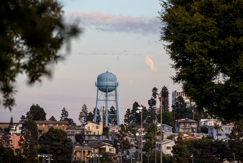 A view of the water tower and surrounding neighborhood in El Segundo in 2019. 