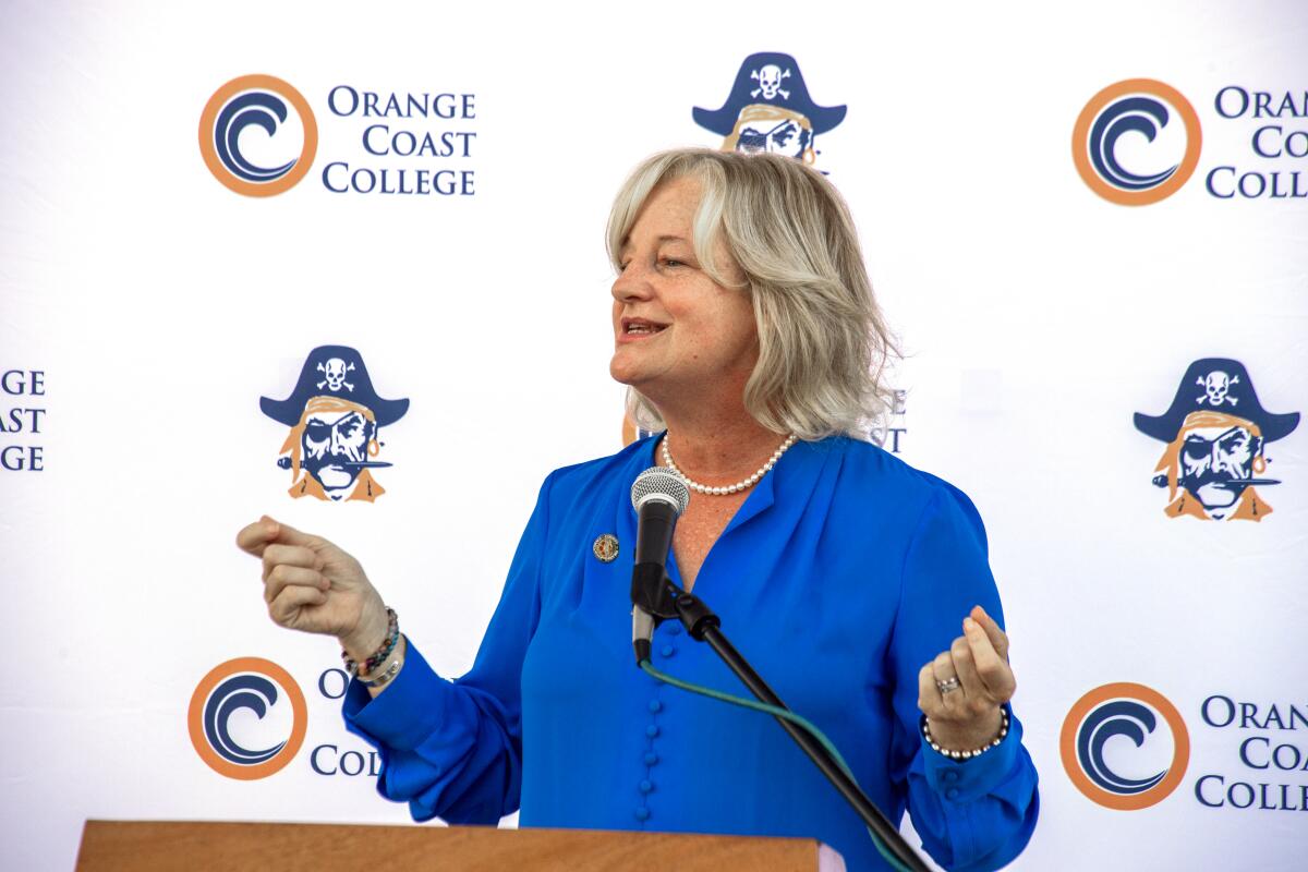 Orange County Supervisor Katrina Foley speaks at an event at Orange Coast College in October. 
