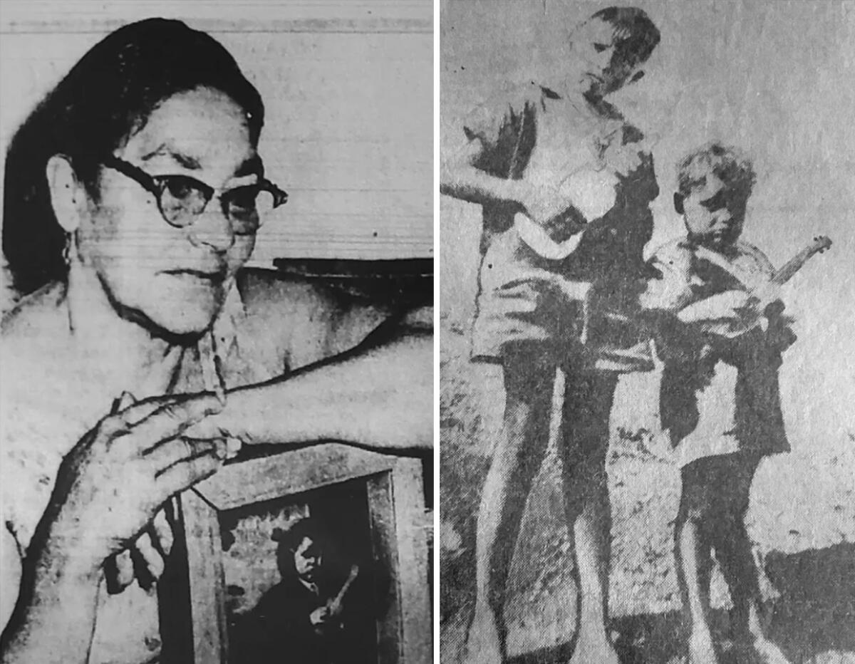 Two black and white photographs, one of a woman sitting and one of a young boy and an older boy standing