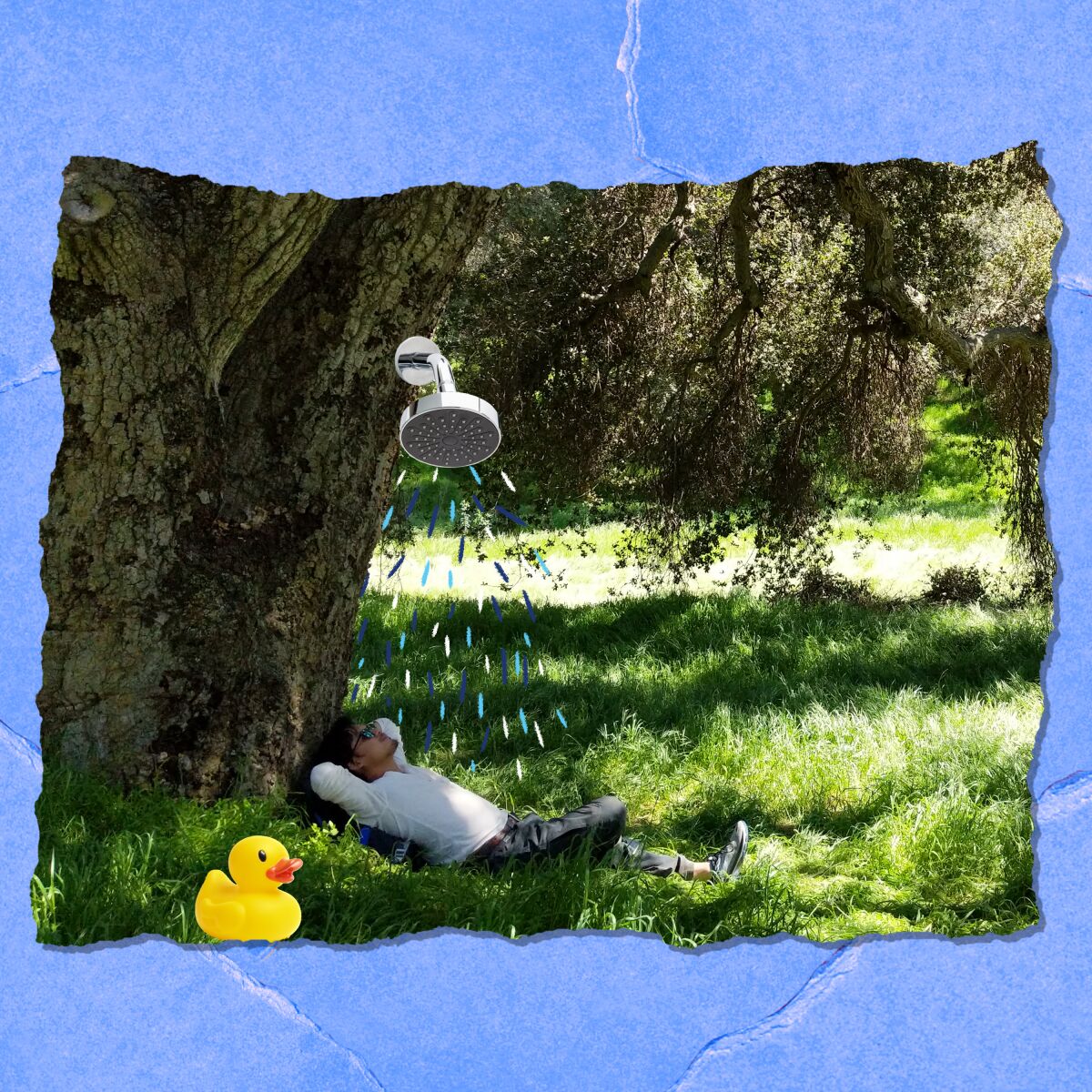 Photo of a person relaxing under a tree with an illustration of a shower head and a rubber ducky.