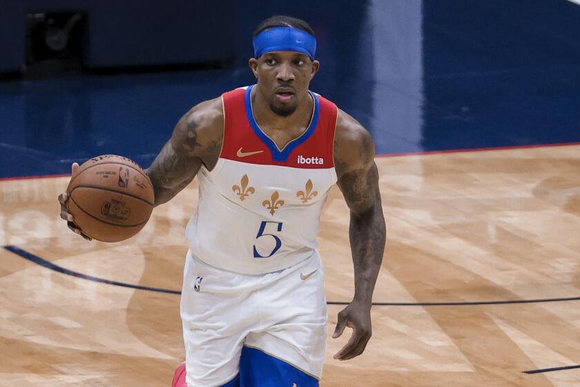 New Orleans Pelicans guard Eric Bledsoe (5) drives with the ball against the Los Angeles Lakers in the third quarter of an NBA basketball game in New Orleans, Sunday, May 16, 2021. (AP Photo/Derick Hingle)