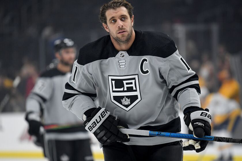 LOS ANGELES, CALIFORNIA - OCTOBER 12: Anze Kopitar #11 of the Los Angeles Kings skates during warm up before the game against the Nashville Predators at Staples Center on October 12, 2019 in Los Angeles, California. (Photo by Harry How/Getty Images)