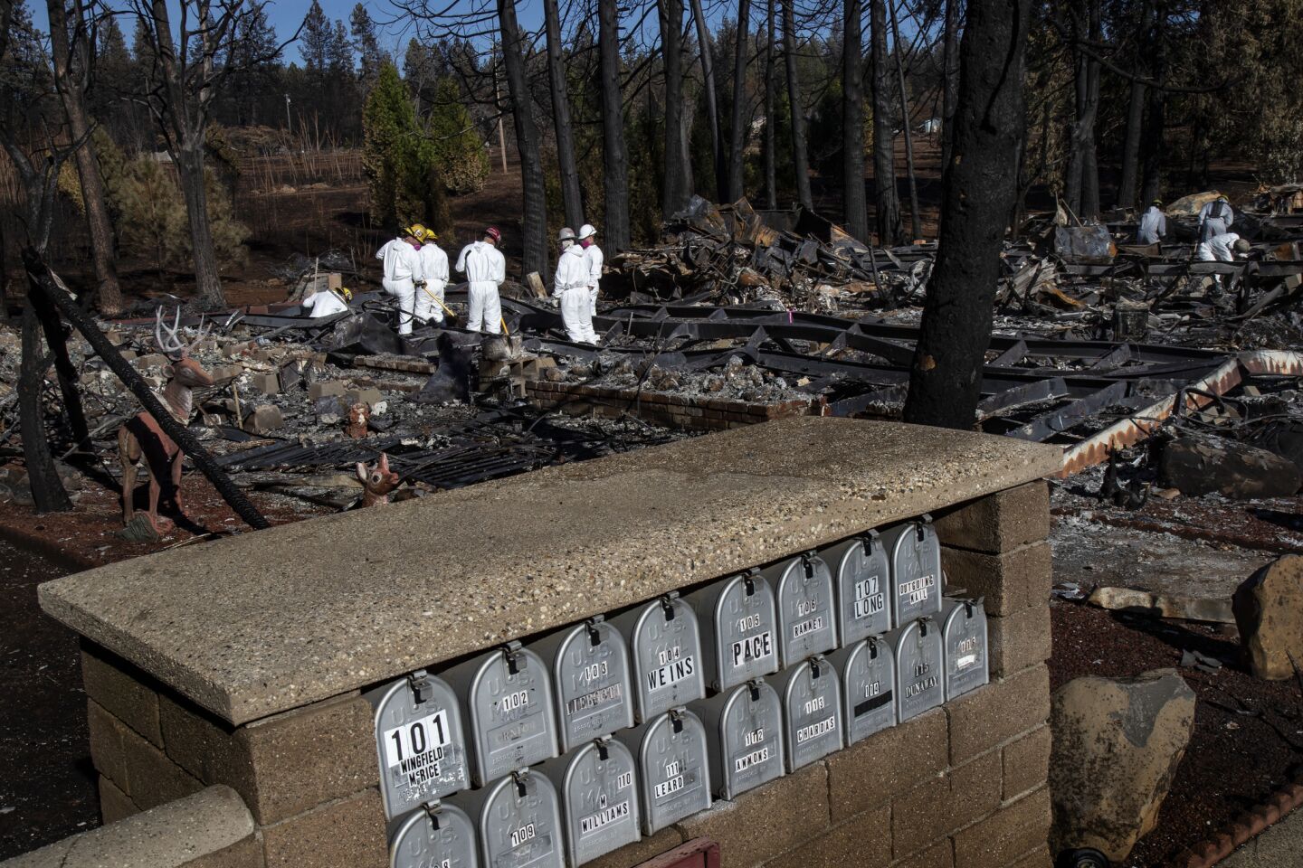 Residents' mailboxes are intact as a search-and-rescue team sifts through the destroyed Ridgewood mobile home park in Paradise.