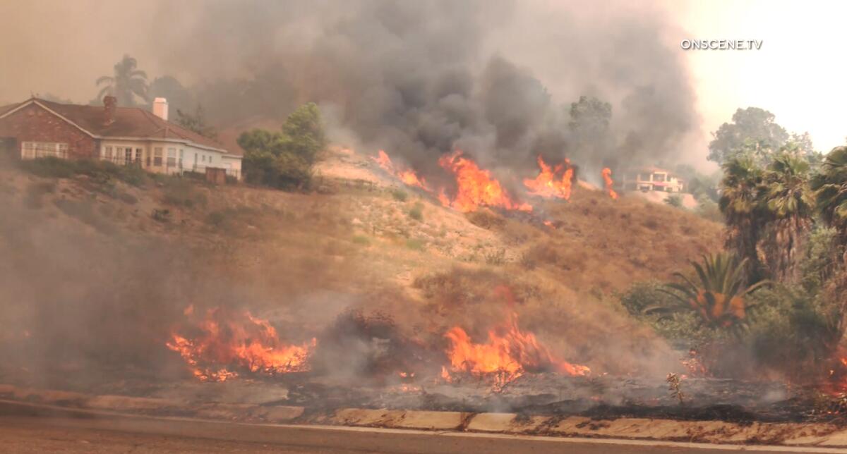 A video still shows smoke billowing as fire burns a hillside with vegetation and homes along its crest