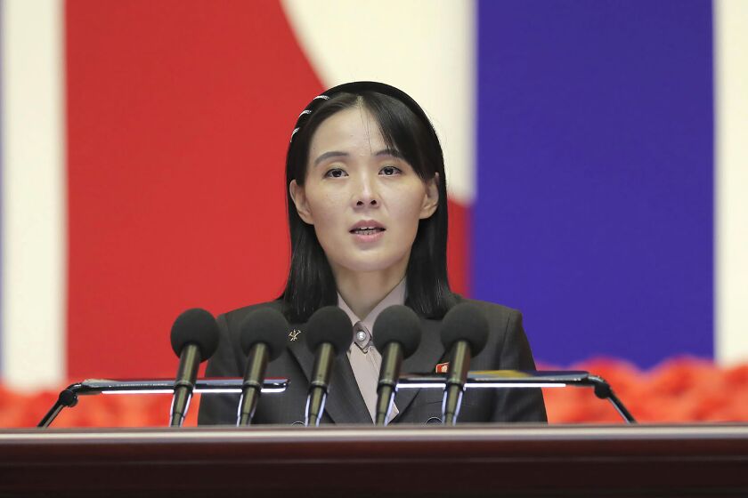 FILE - This photo provided by the North Korean government, Kim Yo Jong, sister of North Korean leader Kim Jong Un, delivers a speech during a national meeting against the coronavirus, in Pyongyang, North Korea, Aug. 10, 2022. Independent journalists were not given access to cover the event depicted in this image distributed by the North Korean government. The content of this image is as provided and cannot be independently verified. (Korean Central News Agency/Korea News Service via AP, File)