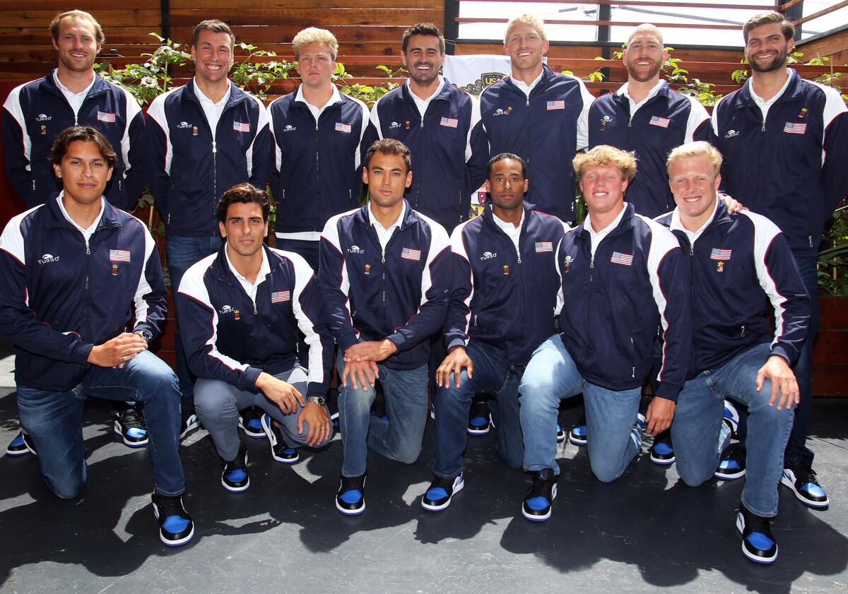 The U.S. 2024 Olympic men's water polo team poses for a picture during a media event on Tuesday.