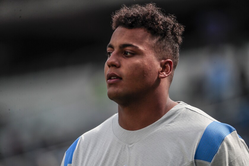 Chargers tackle Rashawn Slater before a preseason game against the the San Francisco 49ers on Aug. 22, 2021, at SoFi Stadium.