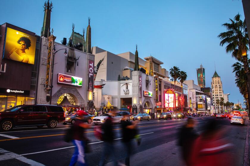 The scene along Hollywood Blvd, in the heart of Hollywood, CA,