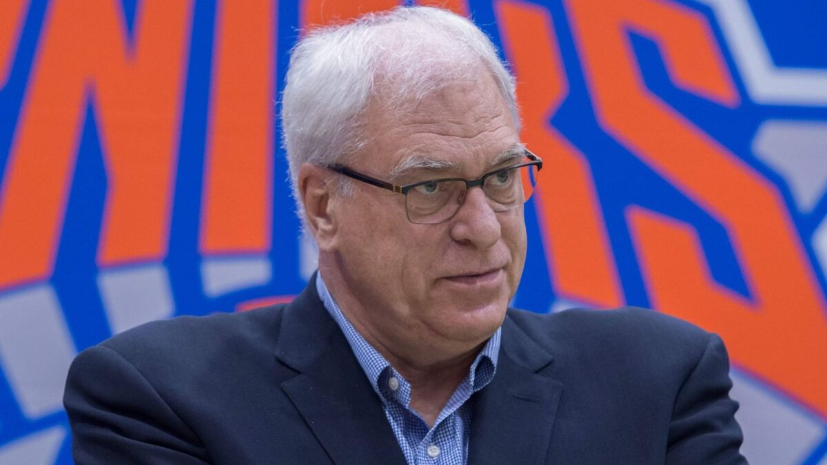 New York Knicks President Phil Jackson speaks to reporters at Madison Square Garden in July.
