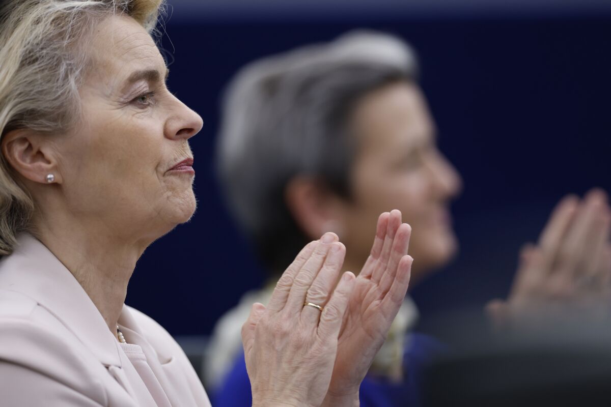 European Commission President Ursula von der Leyen applauds during a ceremony marking the 70th anniversary of the European Parliament, Tuesday, Nov. 22, 2022 in Strasbourg, eastern France. (AP Photo/Jean-Francois Badias)