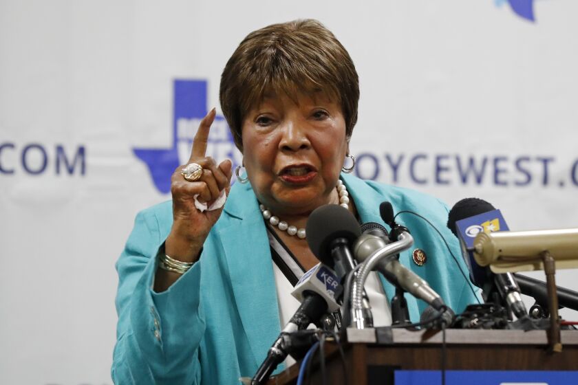 Rep. Eddie Bernice Johnson, D-Texas, makes comments as she introduces State Senator Royce West at a rally where West announced his bid to run for the US Senate in Dallas, Monday, July 22, 2019. (AP Photo/Tony Gutierrez)