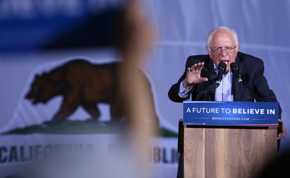 Presidential candidate Bernie Sanders addresses supporters during a rally Saturday in National City, Calif.