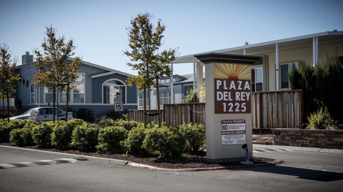 The Plaza Del Rey mobile home park in the heart of Silicon Valley was sold to a private equity firm two years ago. Residents now worry that rents will rise to levels that might force them to leave. (David Butow / For The Times)