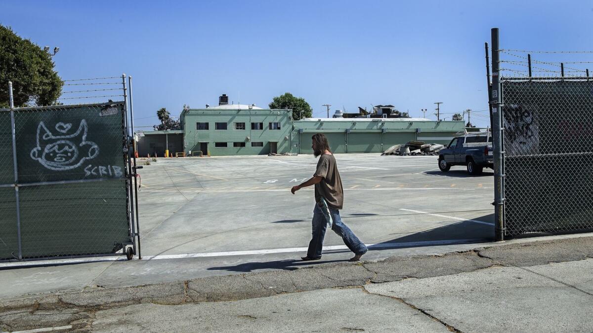 The entrance to a former MTA facility on Sunset Avenue in Venice, the proposed location of a homeless shelter.