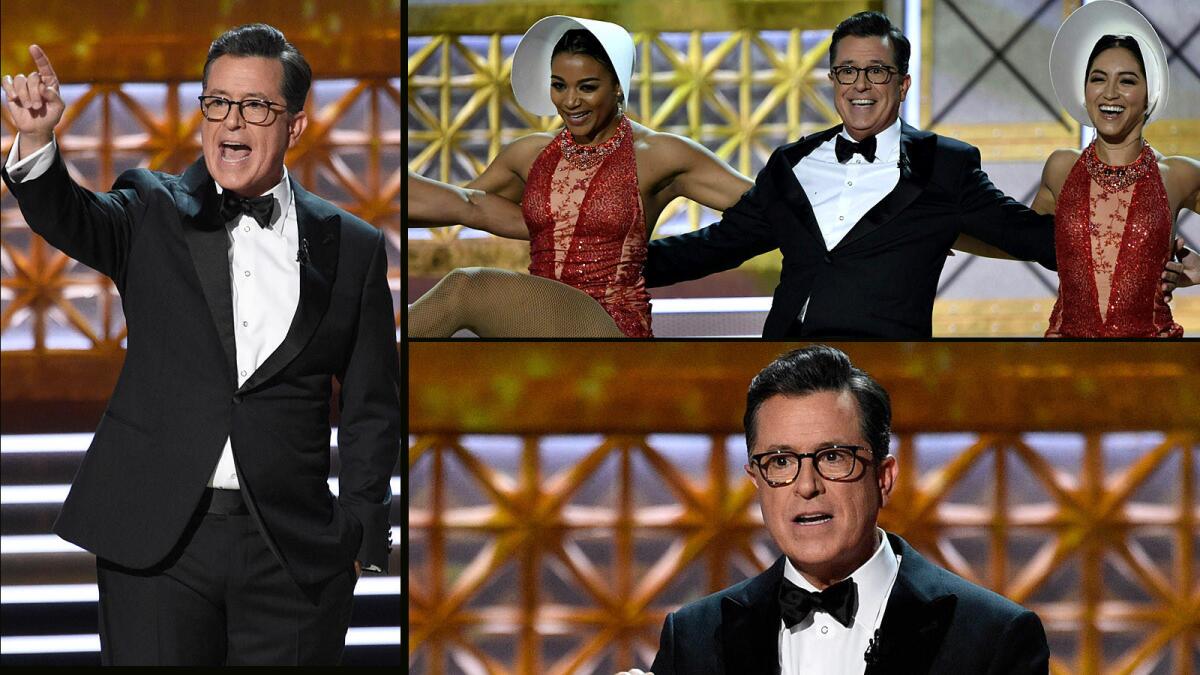 Emmys host Stephen Colbert sang and danced his way through his opening number at Sunday's ceremony..