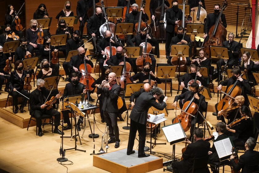 Gustavo Dudamel conducts the Los Angeles Philharmonic inside the Walt Disney Concert Hall.