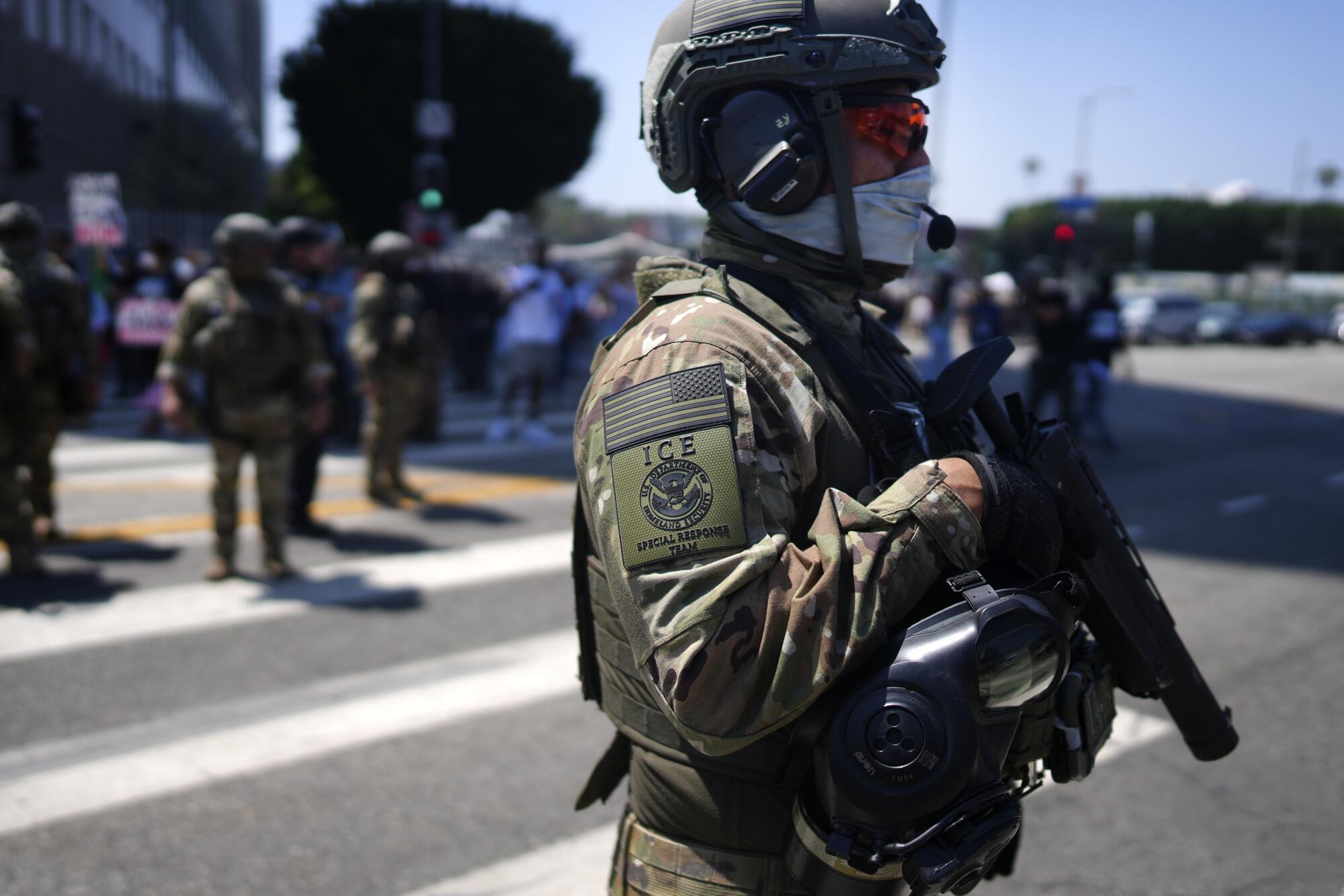 An ICE Special Response Team member stands guard.