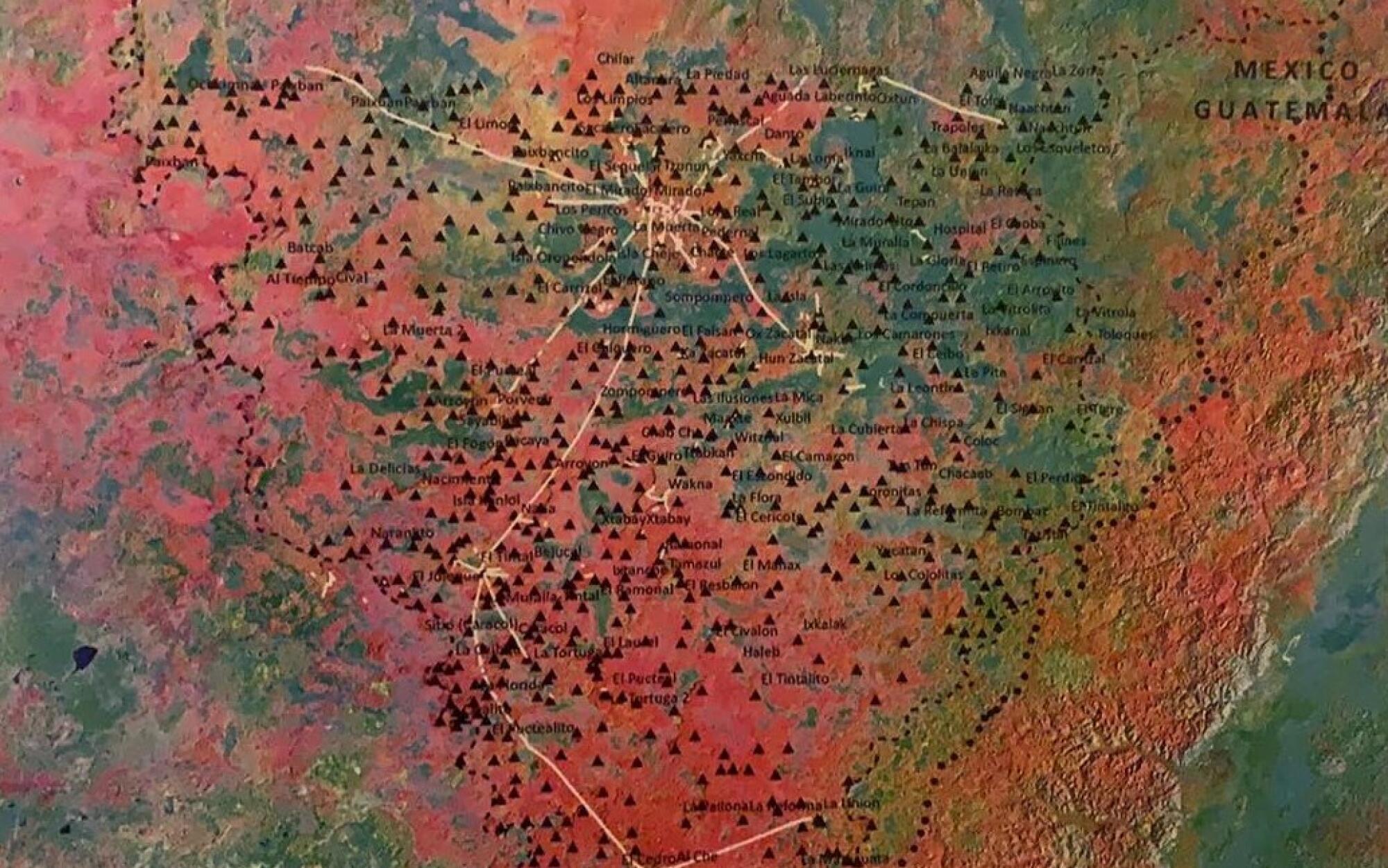 A map covered in markers and lines 