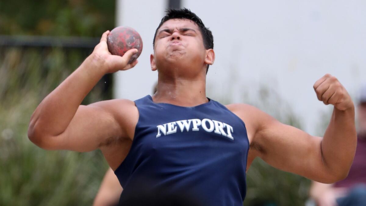 Newport Harbor High's Aidan Elbettar throws the shotput in the CIF Southern Section Division 2 track and field finals at El Camino College on May 19, 2018.