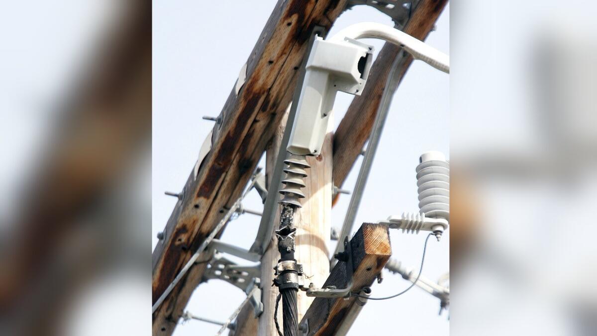 The base of this device on a power pole on the 1500 block of Foothill Blvd. burned, knocking out power in the La Cañada Flintridge area on Tuesday, May 3, 2016.