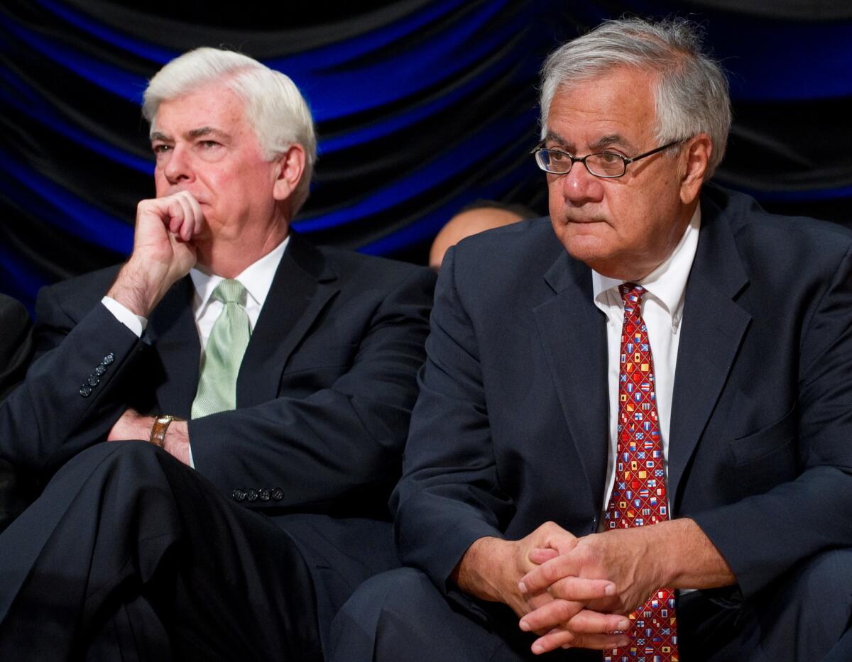 The Dodd-Frank Wall Street Reform Act is named after former Democratic Sens. Christopher J. Dodd, left, and Barney Frank, shown in 2010.