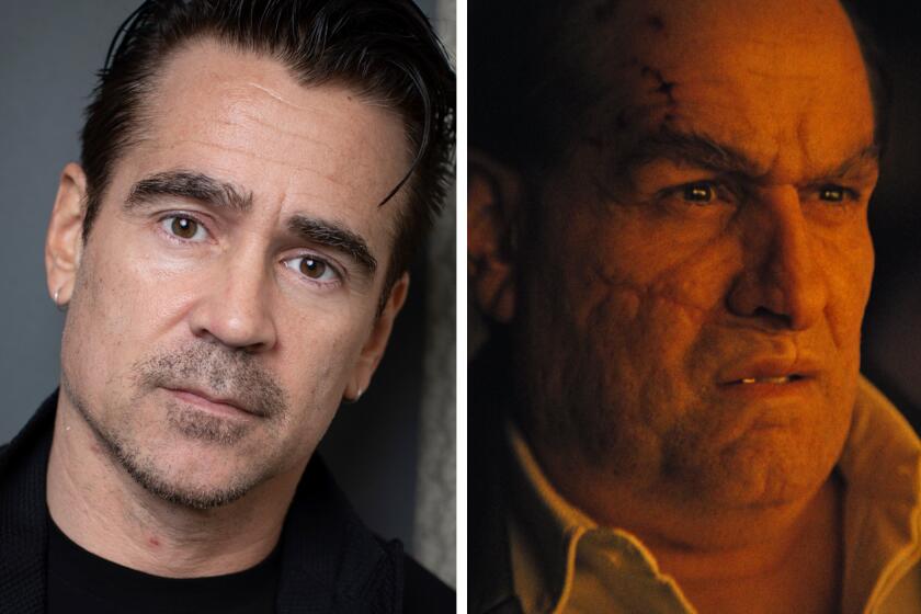 Colin Farrell (left) disappeared into the menacing guise of The Penguin (right).