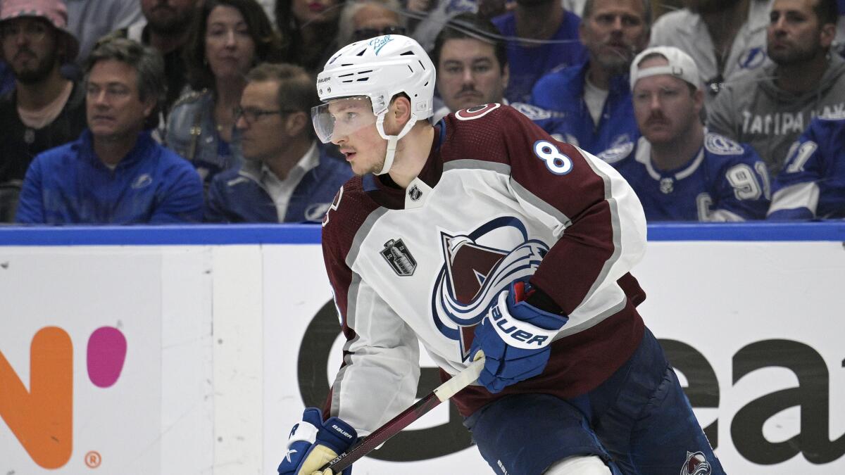Avalanche defenseman Cale Makar controls the puck in Game 6 of the Stanley Cup Final on Sunday.
