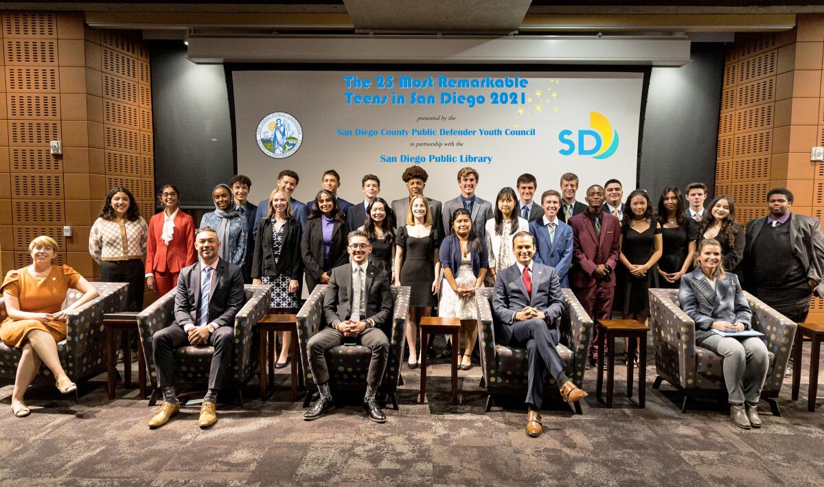 The "25 Most Remarkable Teens in San Diego" for 2021 with some of their award presenters at the Nov. 10 ceremony.