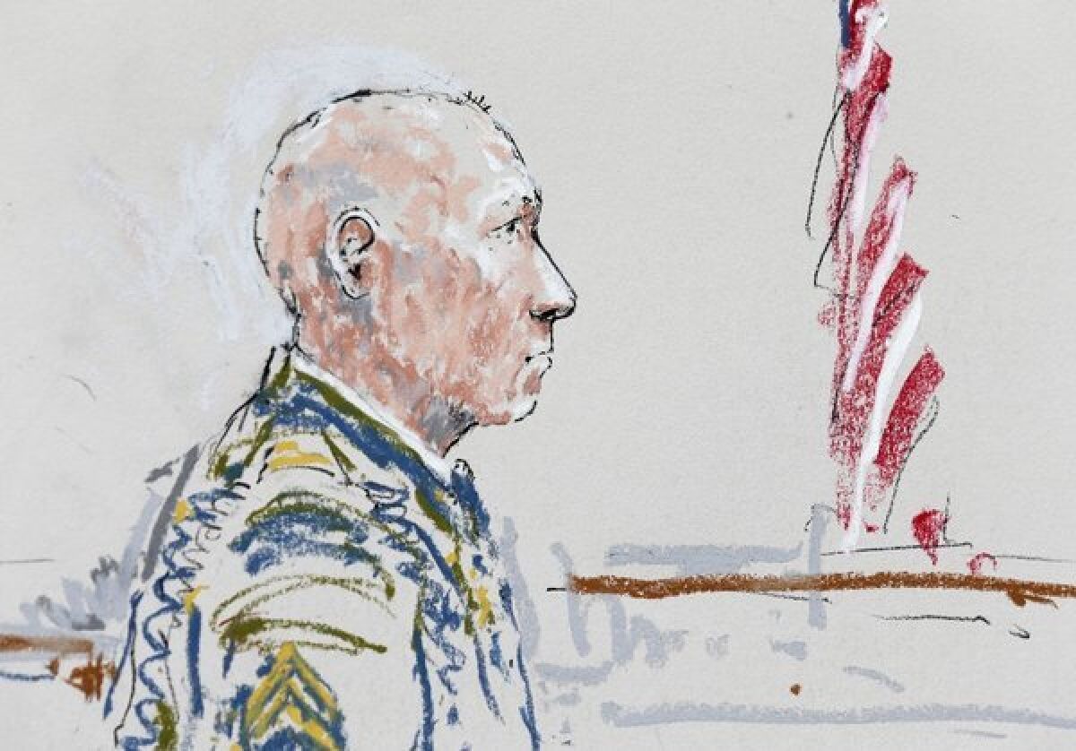 In this detail from a courtroom sketch, U.S. Army Staff Sgt. Robert Bales appears Wednesday during a plea hearing in a military courtroom at Joint Base Lewis-McChord in Washington state.