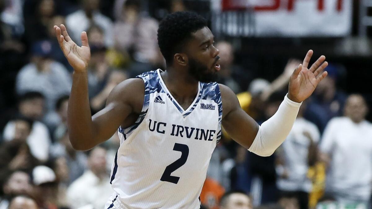 UC Irvine guard Max Hazzard celebrates after making a three-pointer against Cal State Fullerton during the first half.