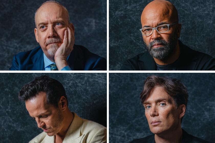 Four of the top contenders for the 2024 lead-actor Oscar, photographed moodily against a dark-blue, marbled backdrop.