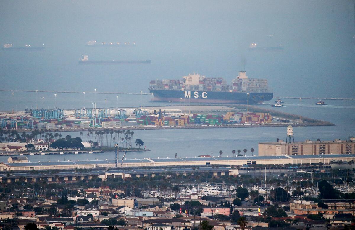 A container ship departs from the Port of Los Angeles
