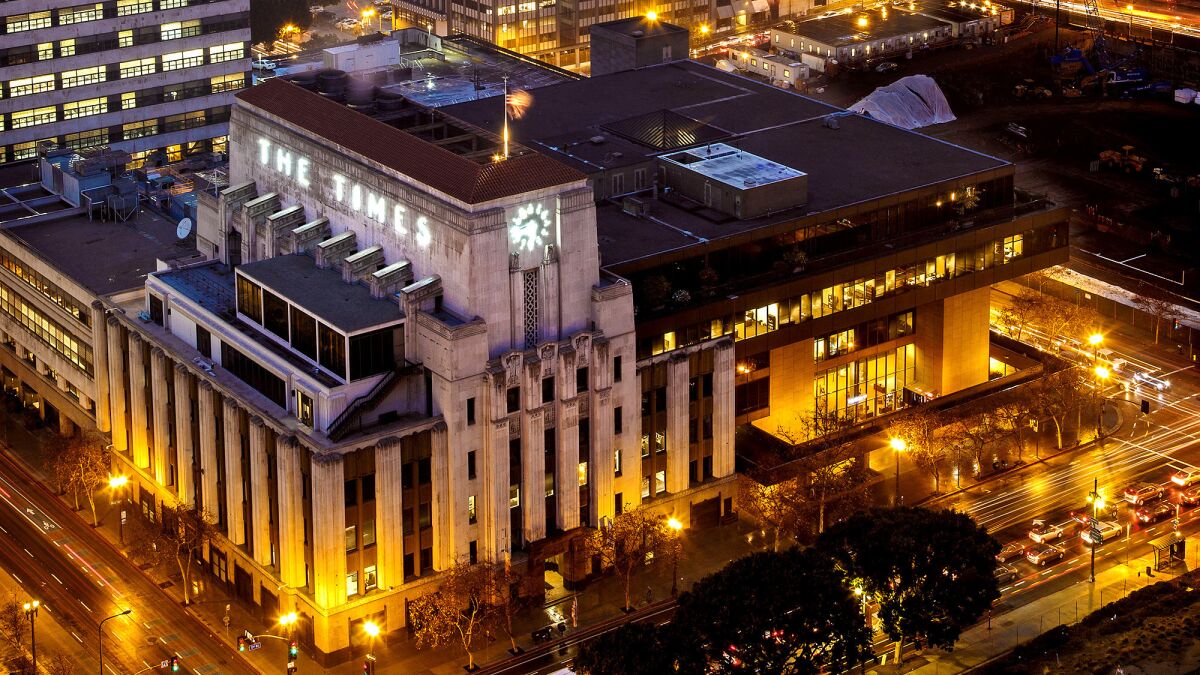 An aerial view of the historic building formerly occupied by the Los Angeles Times in downtown Los Angeles.