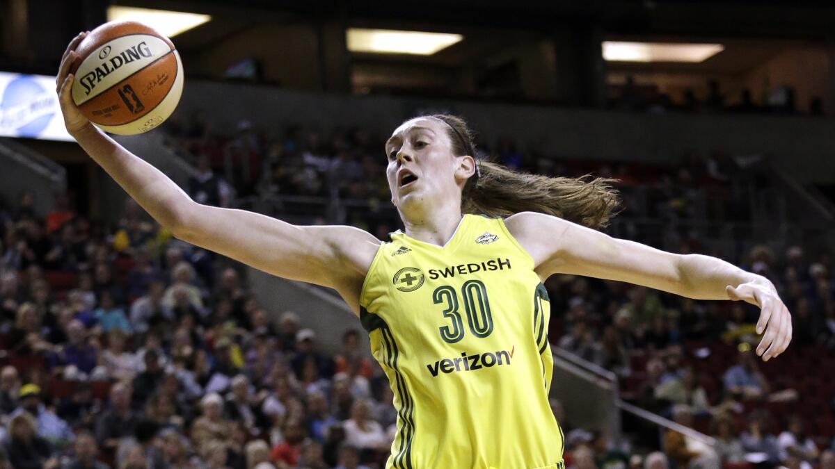 Storm forward Breanna Stewart, shown during a game earlier this season, had 26 points in the win over the Sparks on Saturday.
