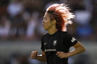 FILE - Angel City FC forward Jun Endo (18) runs during the first half of an NWSL soccer match against the Chicago Red Stars in Los Angeles, on Aug. 14, 2022. (AP Photo/Ashley Landis, File)