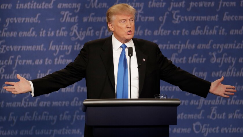 Republican presidential nominee Donald Trump during the presidential debate at Hofstra University in Hempstead, N.Y., on Sept. 26
