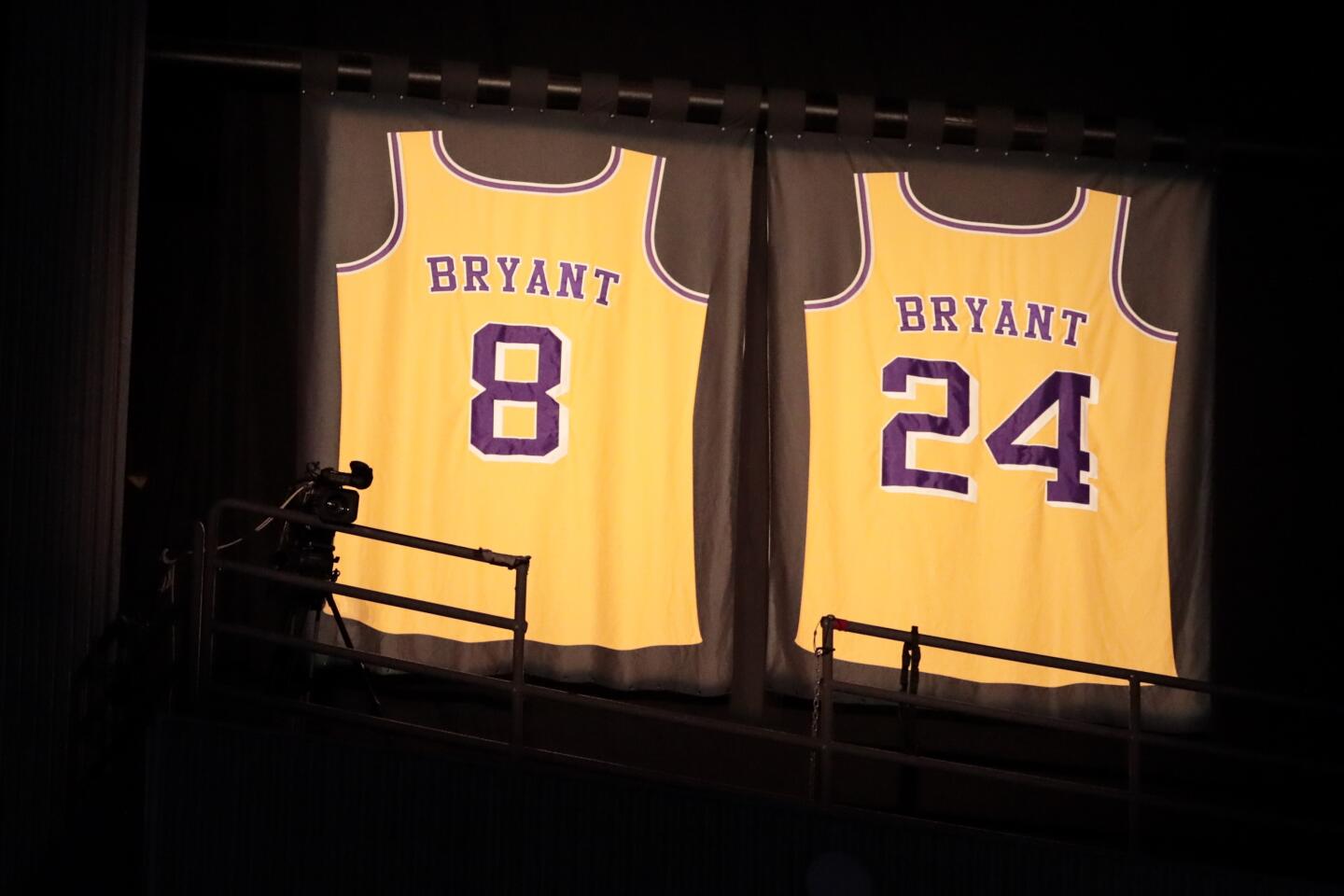 Kobe Bryant's jerseys hang in the rafters at Staples Center