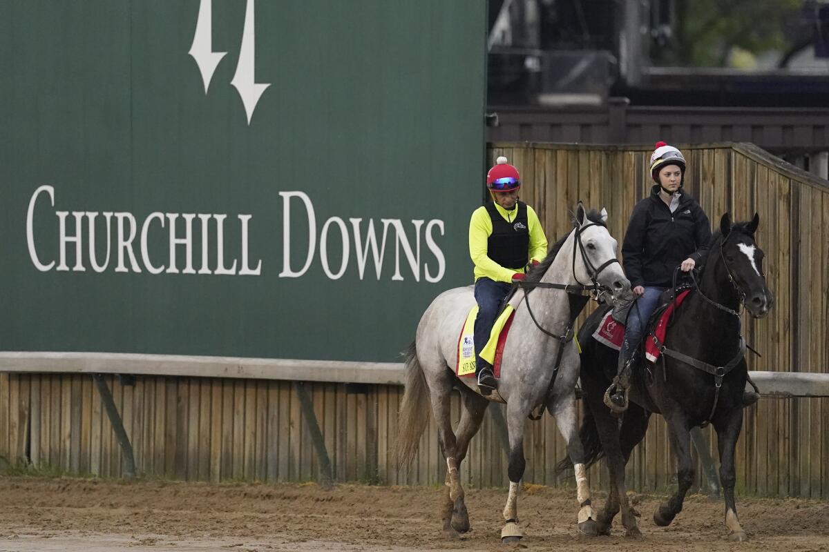 Kentucky Derby entrant Soup And Sandwich is led on the track at Churchill Downs on Thursday.