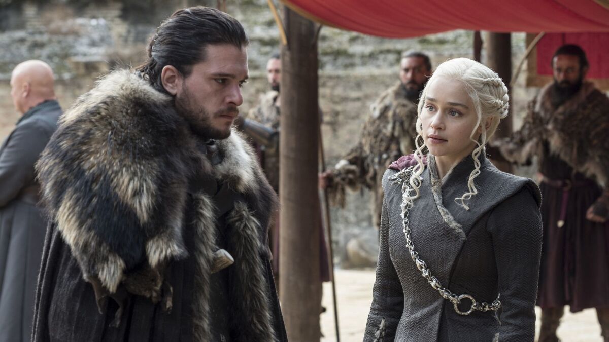 "Game of Thrones" stars Kit Harington, left, and Emilia Clarke are shown on the season finale of the series. In HBO’s statement on Game of Thrones’ absence, it hinted at a return visit “in the future.” The final season of the long-running blockbuster will not air until 2019.