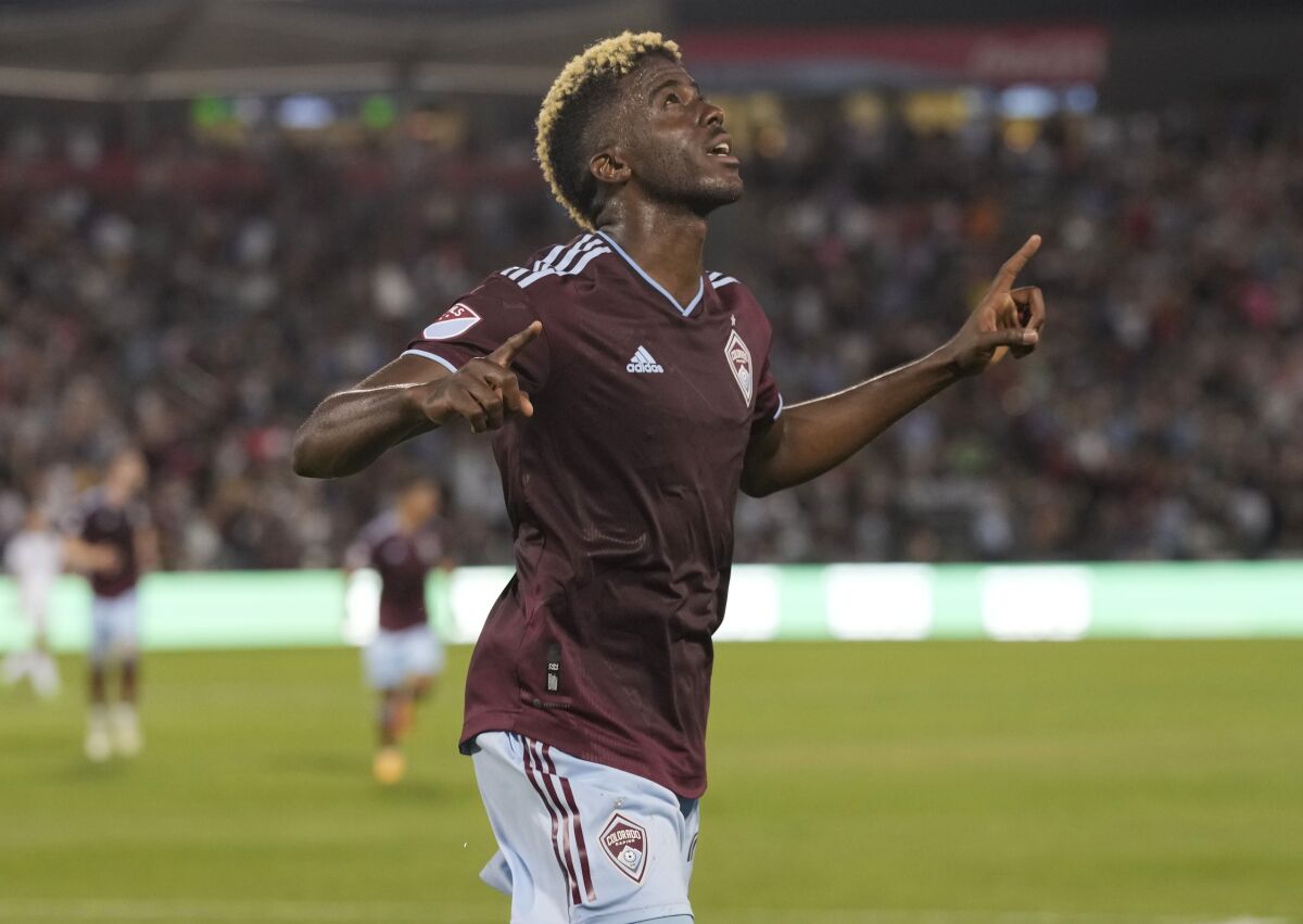 The Colorado Rapids' Gyasi Zardes celebrates after scoring in their win over the Galaxy on July 16, 2022.